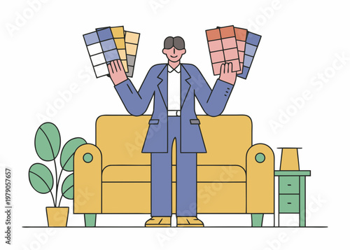 Man presenting color palettes while standing near a yellow sofa