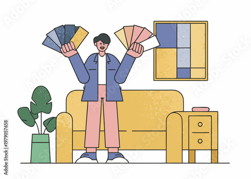 Person excitedly presenting color swatches in a modern living room scene