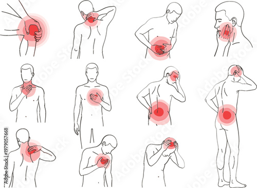 Collection of human body silhouettes showing various pain points including backache headache stomach pain and joint inflammation vector.eps