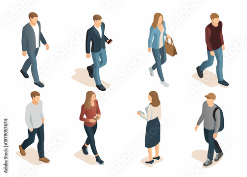 Isometric illustration depicting diverse people walking in a city environment