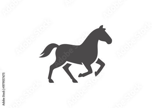 A minimalist gray silhouette of a horse in a dynamic pose