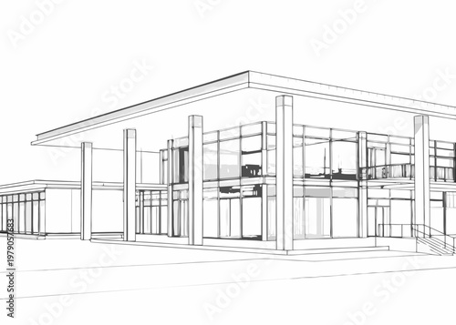 Architectural sketch of a modern building with large glass windows