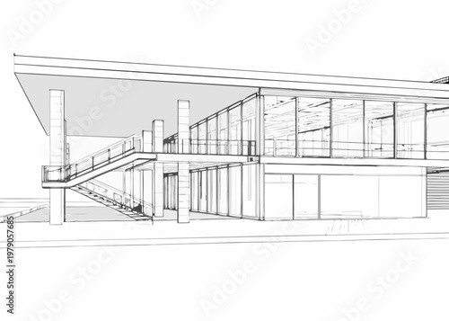 Architectural sketch of a modern building with a prominent staircase