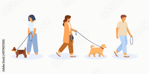 People walking dogs on leashes in a minimalist flat illustration style