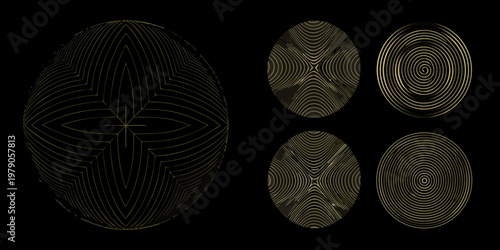 Four golden oval shapes with concentric lines against a black background