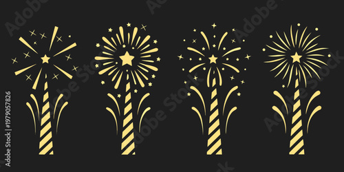 Golden firework displays with stars and sparkling trails against a black background