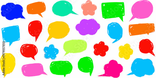 Collection of colorful hand drawn speech bubbles scattered on a white background