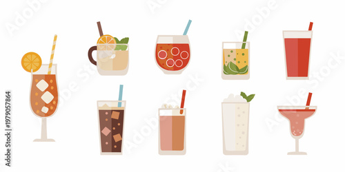 Collection of colorful summer cocktails and refreshing beverages in glasses