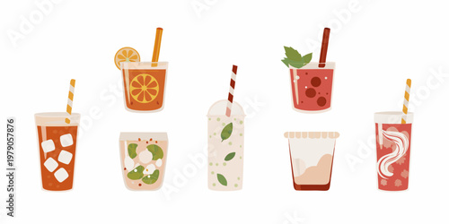 Collection of colorful summer drinks in tall glasses with straws