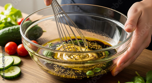Whisking homemade vinaigrette dressing in a glass bowl with fresh ingredients nearby
