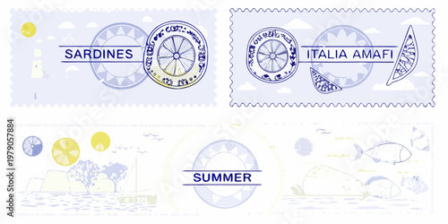 Vintage style postage stamps featuring sardines italy and summer themes