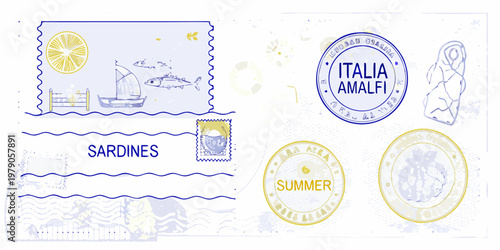 Vintage postcard elements with italian themes and marine life illustrations