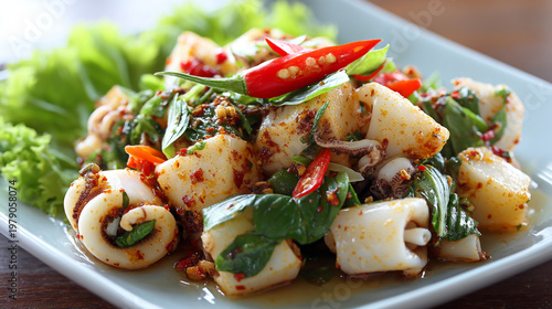 plate of spicy squid salad with fresh lettuce
