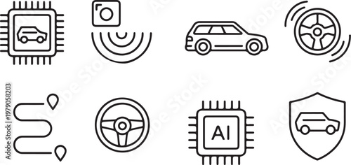 Collection of self drive and autonomous vehicle related icons .Driving and Smart Vehicle Symbols