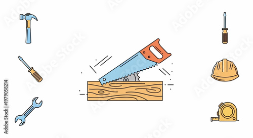 Hand saw cutting through wooden plank.