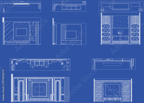 Interior Design TV Wall Area Blueprint for Living Room and Bedroom Layout Furniture Arrangement Technical Drawing