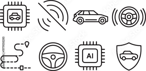 Collection of self drive and autonomous vehicle related icons .Driving and Smart Vehicle Symbols