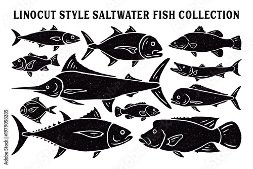 Linocut Style Saltwater Fish Collection. Block Print Illustrations of Marlin, Tuna, and Trevally.