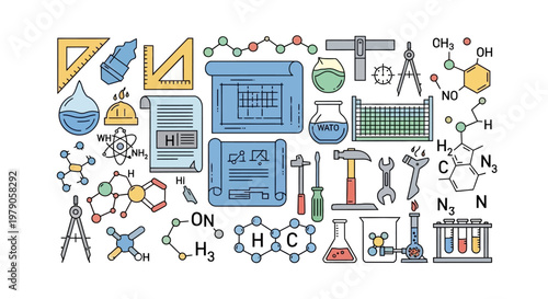 Science equipment and symbols illustration.