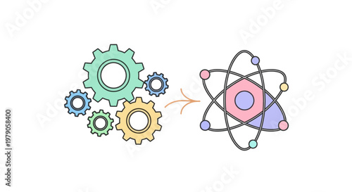 Gears transforming into atom structure.