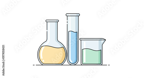 Laboratory glassware with colorful liquids.