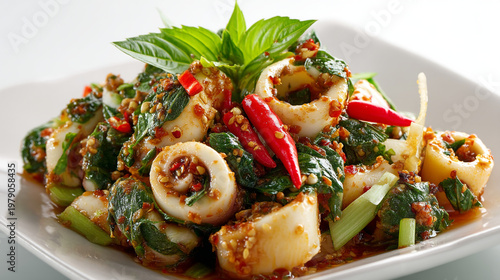 plate of spicy squid stir-fry with fresh basil