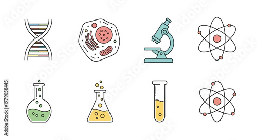 Science laboratory equipment and symbols.