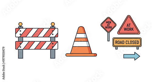 Road construction signs and barriers.