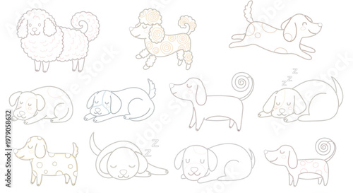 Cute cartoon dogs vector sticker set with playful puppies in sleeping running and sitting poses
