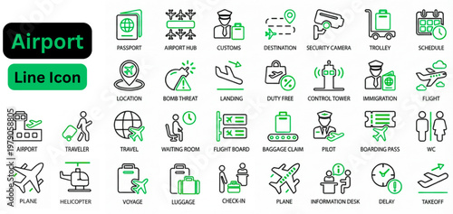 Line art vector of Airport icon set. Airport line icon set. Containing plane, ticket, passport, transport, luggage, travel, landing, check-in, pilot, stewardess, duty free and more. Editable line icon