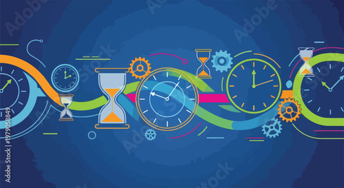 Graphic with clocks, hourglasses, and gears on a gradient blue background