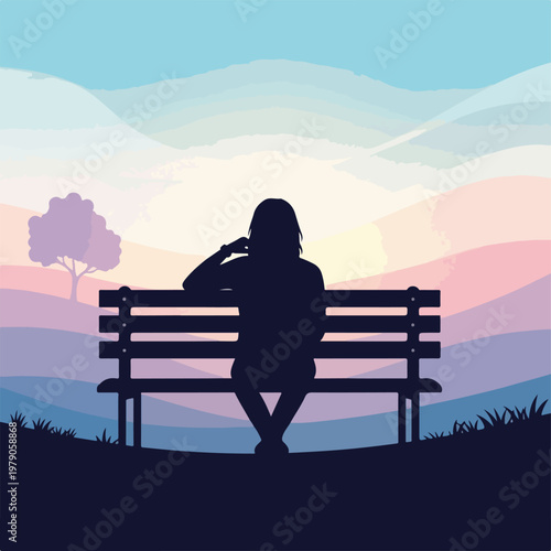 A woman sits on a bench overlooking a serene landscape