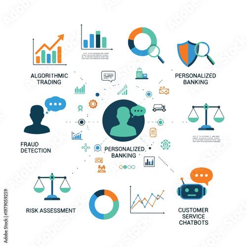 Graphic with icons of charts, graphs, and banking concepts