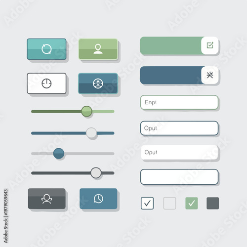 Graphic with various UI buttons, sliders, checkmarks, and input fields