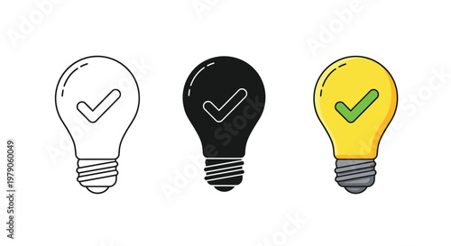 Vector illustration of three lightbulb icons in different styles, each featuring a prominent checkmark, symbolizing successfully completed tasks, bright ideas, or problem-solving achievement.