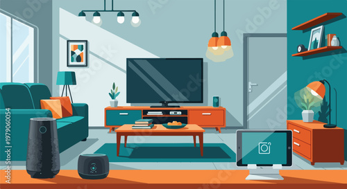 A modern living room with teal and orange decor and smart devices