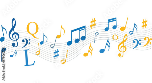 Colorful music notes and symbols on staff lines