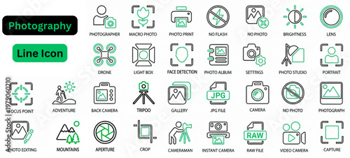 Line art vector of Photography icon set. Photography line icon set. Photography, camera and photo line icon set. Outline vector icon in linear style. Conceptual pictogram collection.