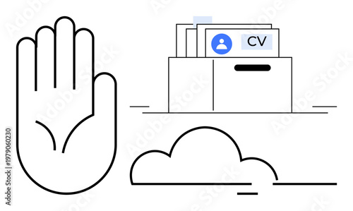 Data privacy concept. Data protection d with a hand gesture, digital resumes in cloud storage. Data privacy safeguards personal information. For IT, recruitment, cybersecurity, storage solutions