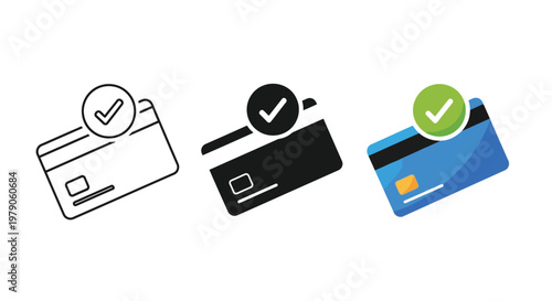 Professional vector illustration of credit card payment icons showing approval with a green checkmark symbol for online banking and retail business commerce store shopping systems