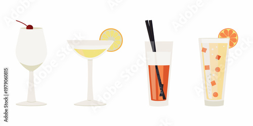 Four colorful cocktail glasses with fruit garnishes in a flat vector style