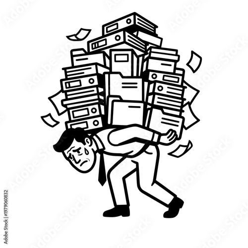 overworked man carrying stack of paperwork line drawing illustration vector clipart black and white