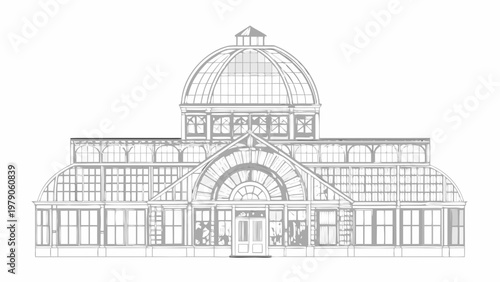 Detailed line drawing of a victorian glasshouse or conservatory building
