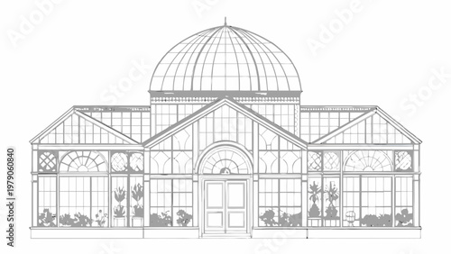 Detailed line drawing of a classic victorian glasshouse or conservatory