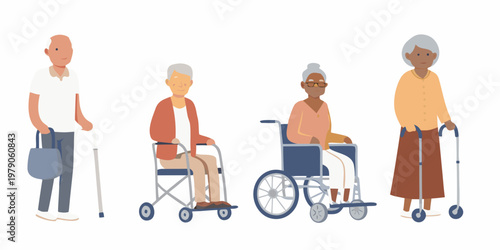 Diverse group of seniors with mobility aids shown in a flat illustration