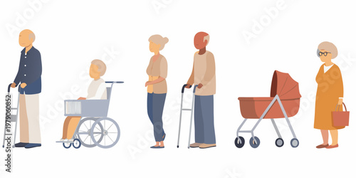 Diverse group of people including seniors and families illustrated in a flat style
