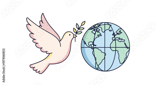 Dove flying with olive branch globe.