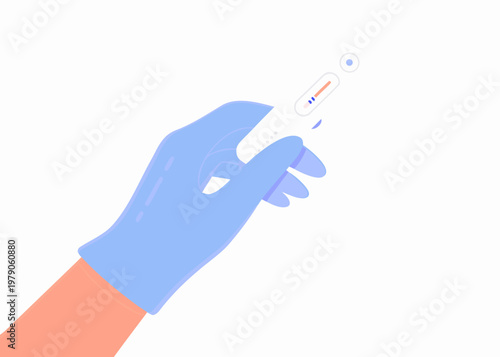 A gloved hand holding a test tube with a blue liquid inside