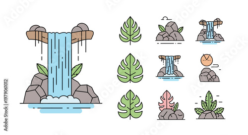 Waterfall with leaves and rocks illustration.