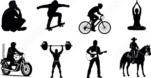 Collection of lifestyle activity silhouettes including sports, music, yoga, cycling and riding, isolated black vector illustration for diverse hobby concepts